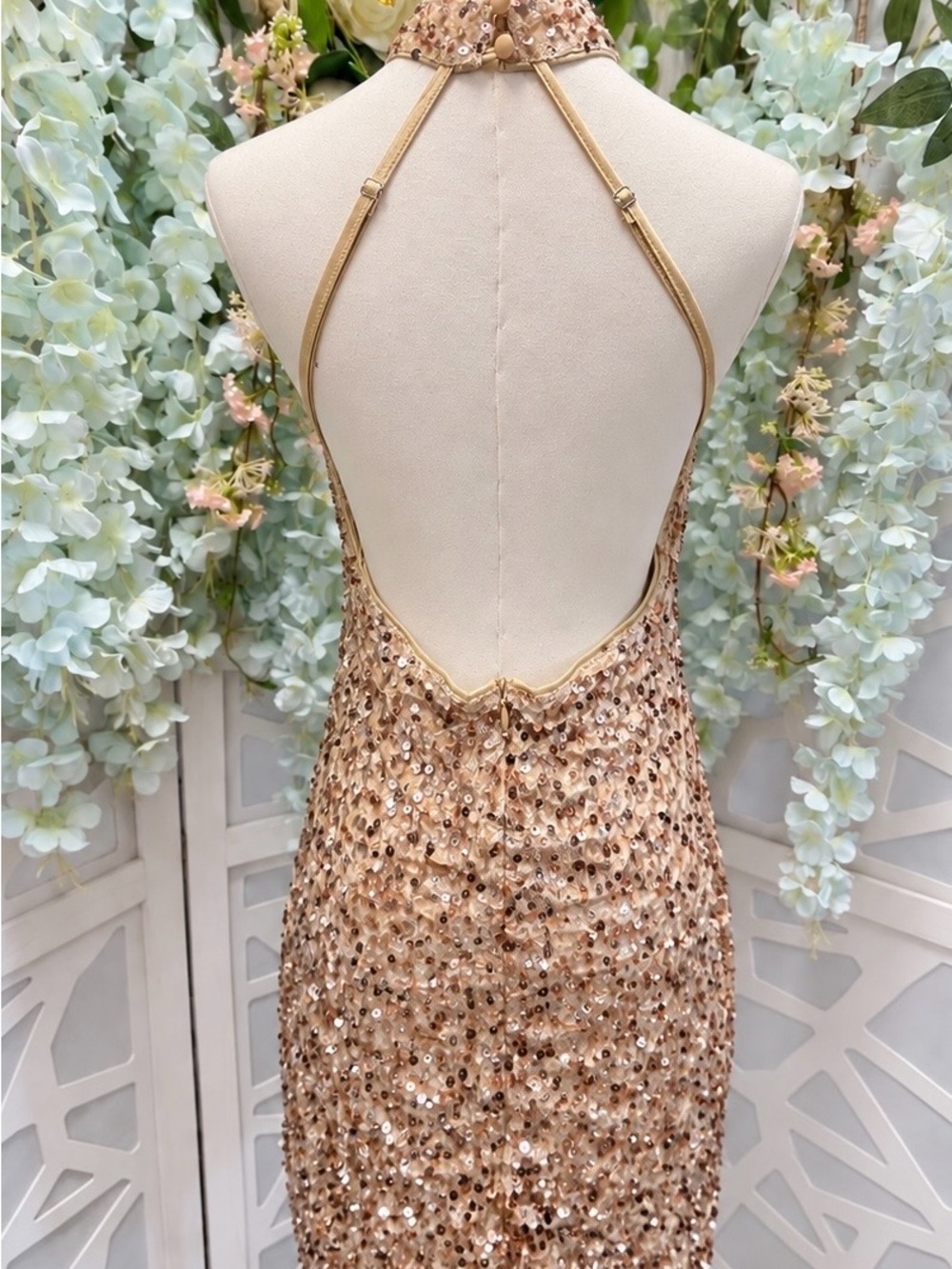 Backless Sequin Halter Dress in Champagne Gold